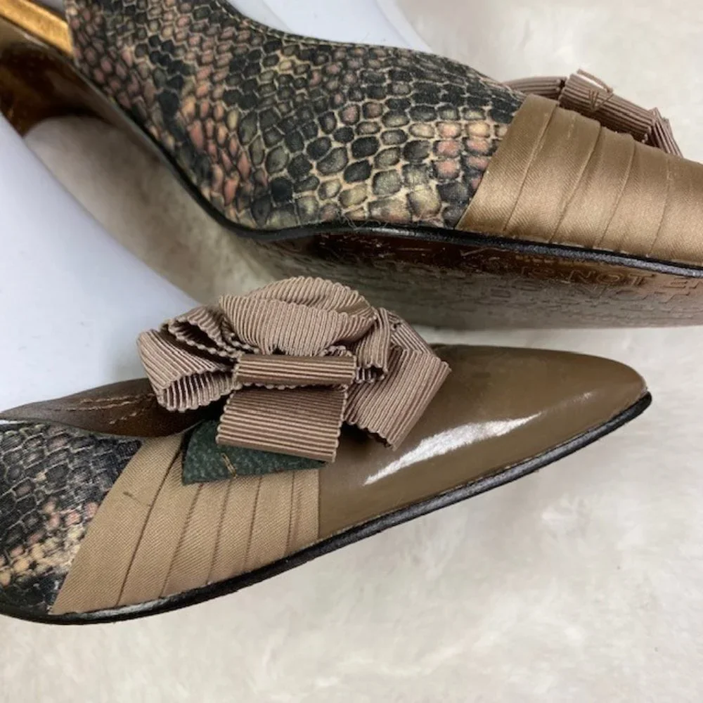 Beverly Feldman VINTAGE Patent Faux Snakeskin Rosette Slingback Heels, size 8.5‎